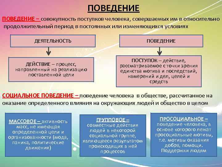 ПОВЕДЕНИЕ – совокупность поступков человека, совершаемых им в относительно продолжительный период в постоянных или