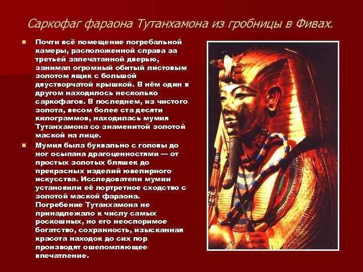 Саркофаг фараона Тутанхамона из гробницы в Фивах. n n Почти всё помещение погребальной камеры,