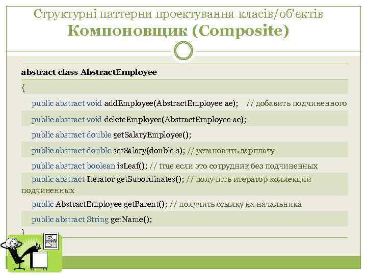 Структурні паттерни проектування класів/об'єктів Компоновщик (Composite) аbstract class Abstract. Employee { public abstract void