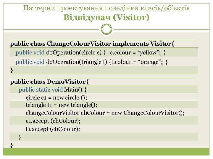 Паттерни проектування поведінки класів/об'єктів Відвідувач (Visitor) public class Change. Colour. Visitor implements Visitor{ public