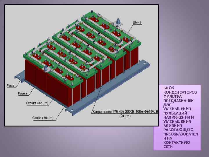  • БЛОК КОНДЕНСАТОРОВ ФИЛЬТРА ПРЕДНАЗНАЧЕН ДЛЯ УМЕНЬШЕНИЯ ПУЛЬСАЦИЙ НАПРЯЖЕНИЯ И УМЕНЬШЕНИЯ ВЛИЯНИЯ РАБОТАЮЩЕГО