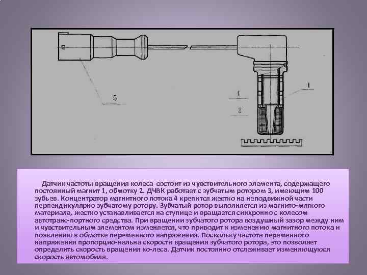  Датчик частоты вращения колеса состоит из чувствительного элемента, содержащего постоянный магнит 1, обмотку