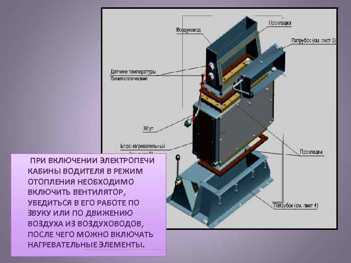  ПРИ ВКЛЮЧЕНИИ ЭЛЕКТРОПЕЧИ КАБИНЫ ВОДИТЕЛЯ В РЕЖИМ ОТОПЛЕНИЯ НЕОБХОДИМО ВКЛЮЧИТЬ ВЕНТИЛЯТОР, УБЕДИТЬСЯ В