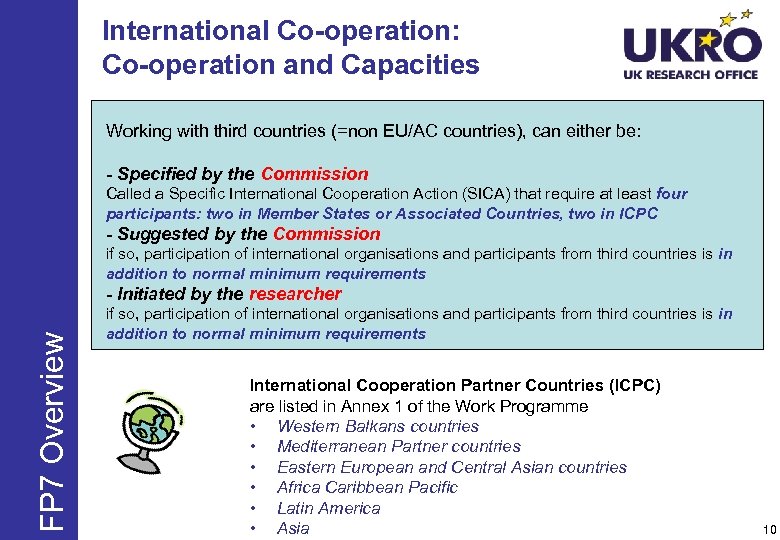 International Co-operation: Co-operation and Capacities Working with third countries (=non EU/AC countries), can either