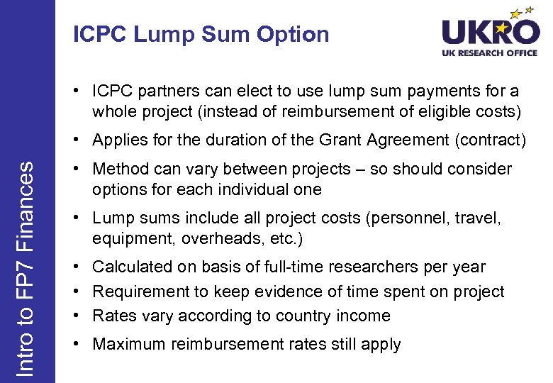 ICPC Lump Sum Option • ICPC partners can elect to use lump sum payments