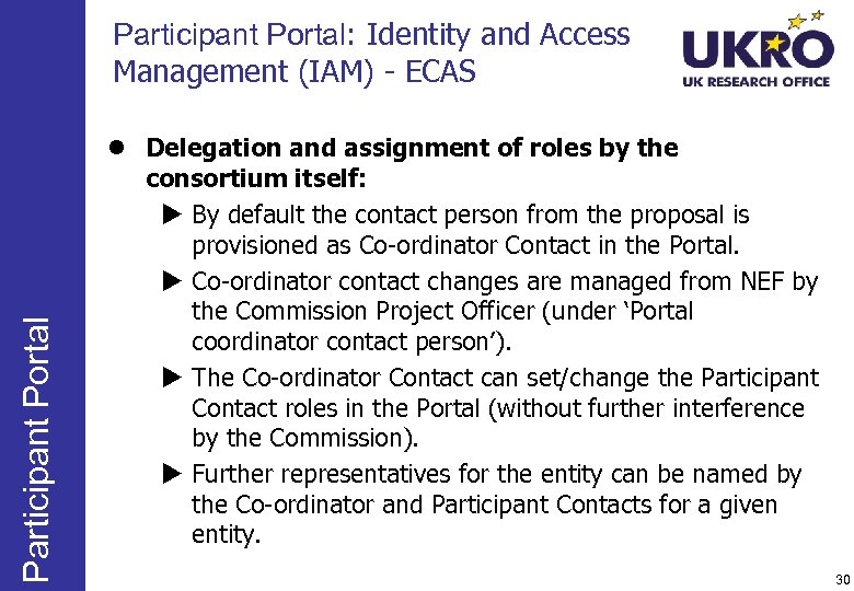 Participant Portal: Identity and Access Management (IAM) - ECAS Participant Portal ● Delegation and