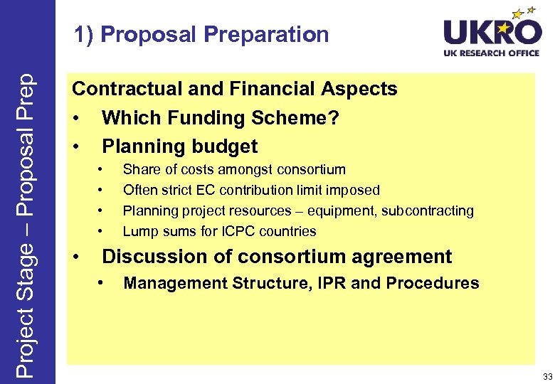 Project Stage – Proposal Prep 1) Proposal Preparation Contractual and Financial Aspects • Which