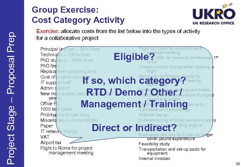 Project Stage – Proposal Prep Group Exercise: Cost Category Activity Exercise: allocate costs from