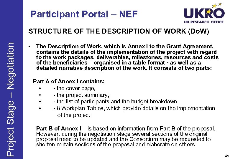 Participant Portal – NEF Project Stage – Negotiation STRUCTURE OF THE DESCRIPTION OF WORK