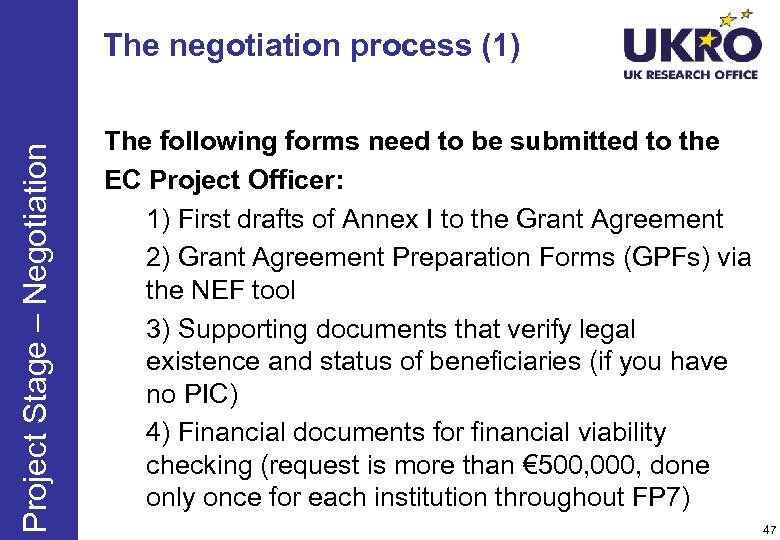 Project Stage – Negotiation The negotiation process (1) The following forms need to be