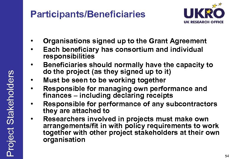 Participants/Beneficiaries • • Project Stakeholders • • • Organisations signed up to the Grant