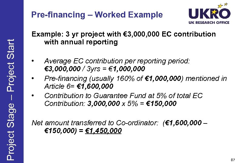 Project Stage – Project Start Pre-financing – Worked Example: 3 yr project with €