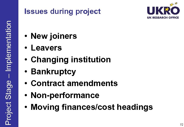 Project Stage – Implementation Issues during project • • New joiners Leavers Changing institution