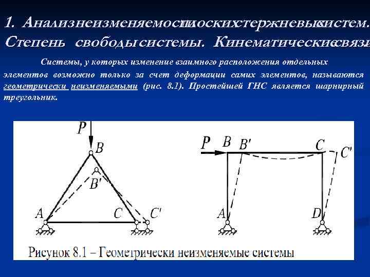 1. Анализ неизменяемости плоских стержневых систем. Степень свободы системы. Кинематические. связи Системы, у которых