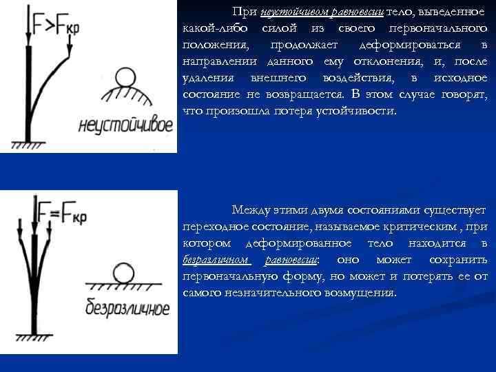 При неустойчивом равновесии тело, выведенное какой-либо силой из своего первоначального положения, продолжает деформироваться в