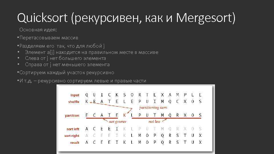 Quicksort (рекурсивен, как и Mergesort) Основная идея: • Перетасовываем массив • Разделяем его так,