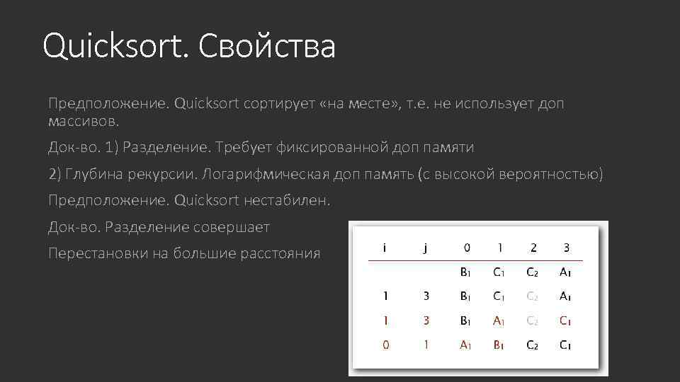 Quicksort. Свойства Предположение. Quicksort сортирует «на месте» , т. е. не использует доп массивов.
