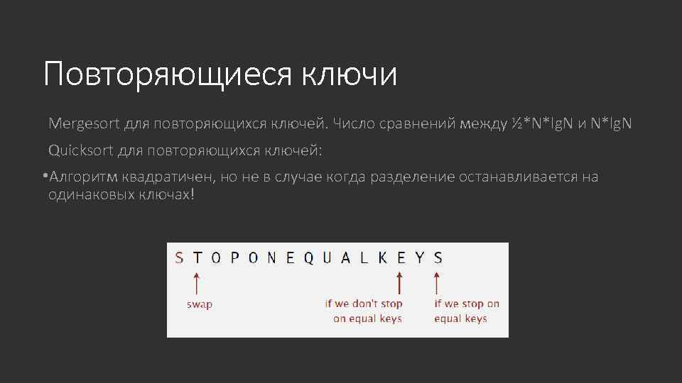 Повторяющиеся ключи Mergesort для повторяющихся ключей. Число сравнений между ½*N*lg. N и N*lg. N