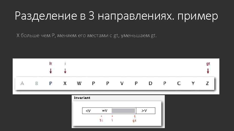 Разделение в 3 направлениях. пример X больше чем P, меняем его местами с gt,