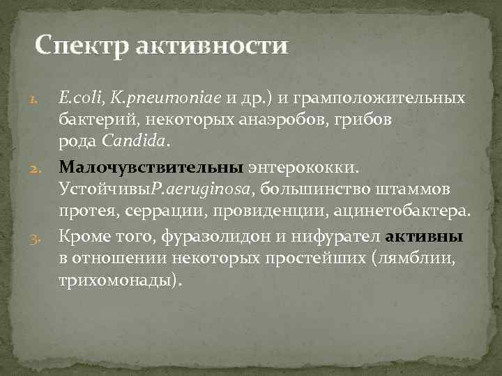 Спектр активности E. coli, K. pneumoniae и др. ) и грамположительных бактерий, некоторых анаэробов,