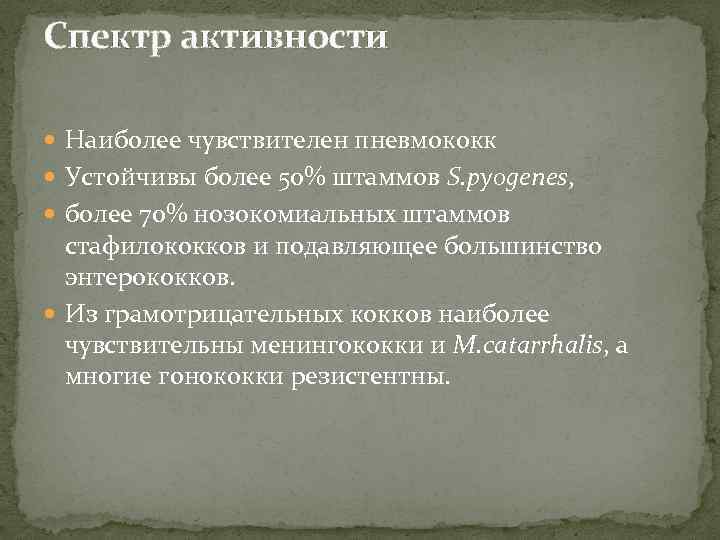 Спектр активности Наиболее чувствителен пневмококк Устойчивы более 50% штаммов S. pyogenes, более 70% нозокомиальных