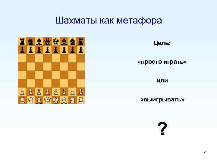 Шахматы как метафора Цель: «просто играть» или «выигрывать» ? 7 