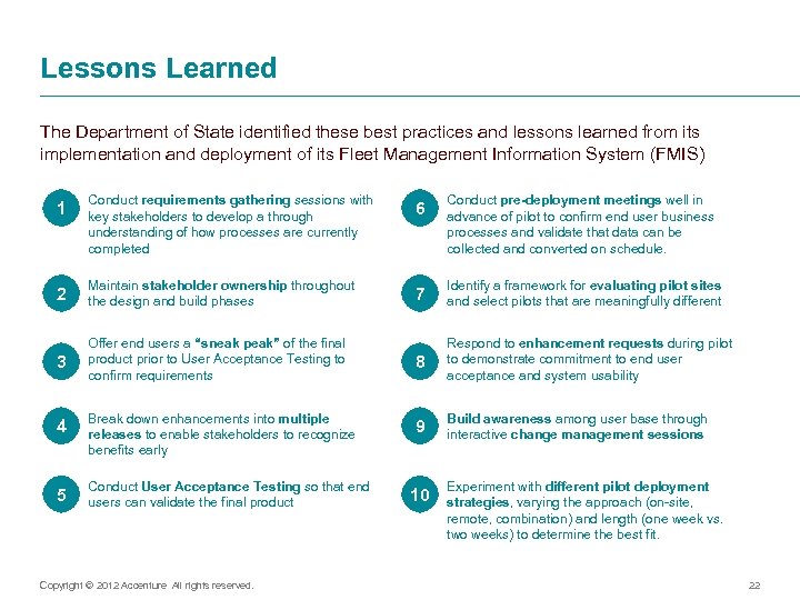Lessons Learned The Department of State identified these best practices and lessons learned from