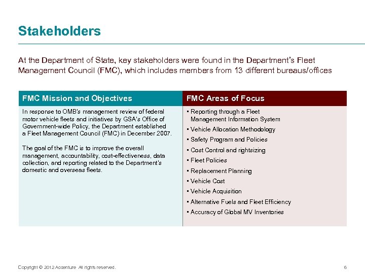 Stakeholders At the Department of State, key stakeholders were found in the Department’s Fleet
