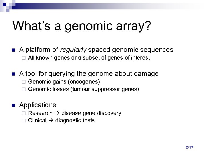 What’s a genomic array? A platform of regularly spaced genomic sequences All known genes