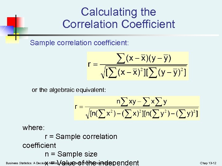 Calculating the Correlation Coefficient Sample correlation coefficient: or the algebraic equivalent: where: r =