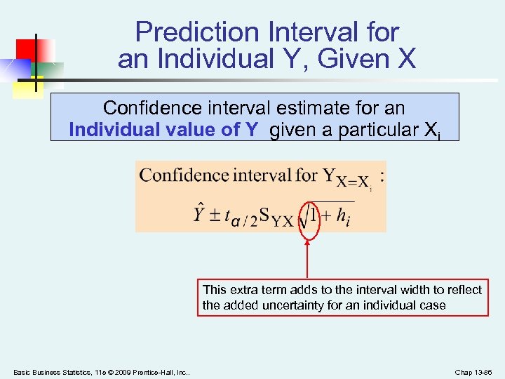 Prediction Interval for an Individual Y, Given X Confidence interval estimate for an Individual