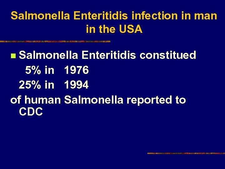 Salmonella Enteritidis infection in man in the USA Salmonella Enteritidis constitued 5% in 1976