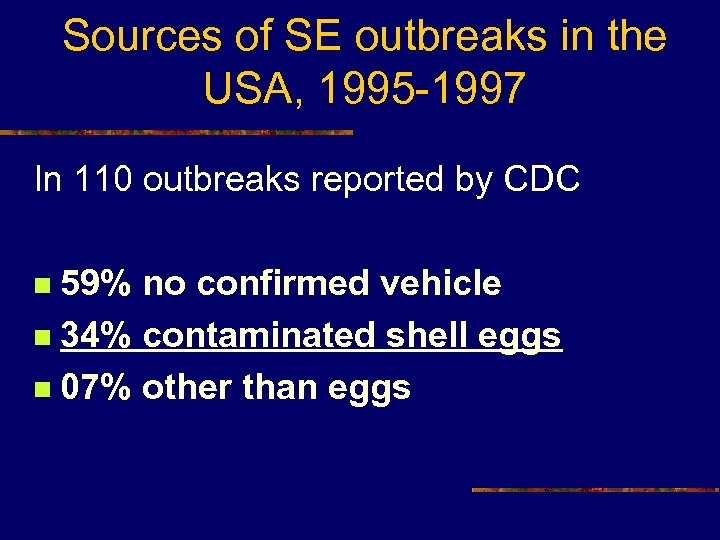 Sources of SE outbreaks in the USA, 1995 -1997 In 110 outbreaks reported by