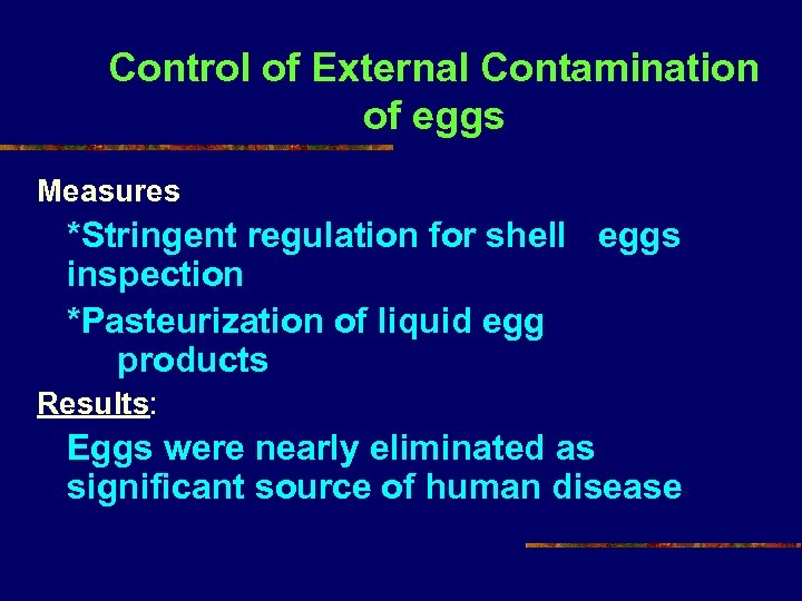 Control of External Contamination of eggs Measures *Stringent regulation for shell eggs inspection *Pasteurization