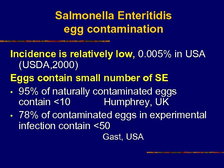 Salmonella Enteritidis egg contamination Incidence is relatively low, 0. 005% in USA (USDA, 2000)