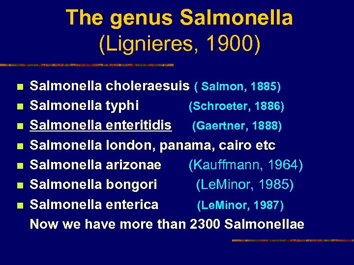 The genus Salmonella (Lignieres, 1900) n n n n Salmonella choleraesuis ( Salmon, 1885)