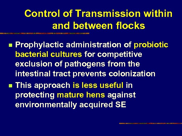 Control of Transmission within and between flocks n n Prophylactic administration of probiotic bacterial