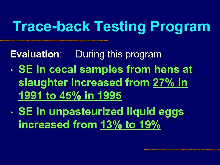 Trace-back Testing Program Evaluation: • • During this program SE in cecal samples from