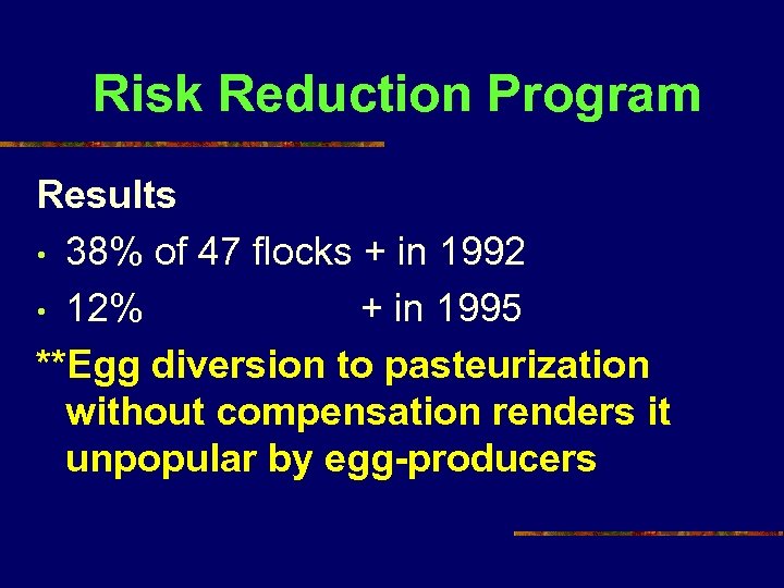 Risk Reduction Program Results • 38% of 47 flocks + in 1992 • 12%