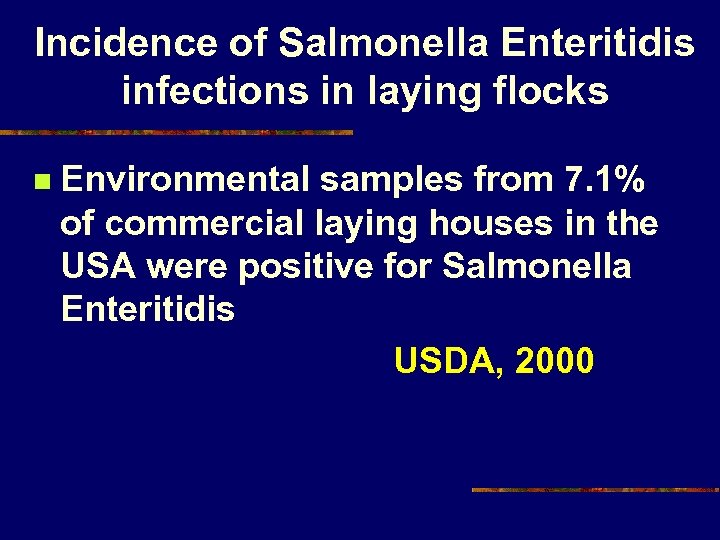 Incidence of Salmonella Enteritidis infections in laying flocks n Environmental samples from 7. 1%