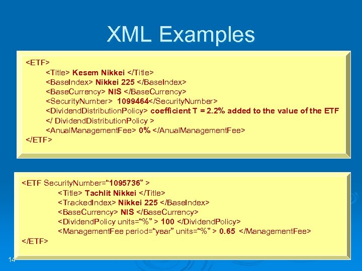 XML Examples <ETF> <Title> Kesem Nikkei </Title> <Base. Index> Nikkei 225 </Base. Index> <Base.