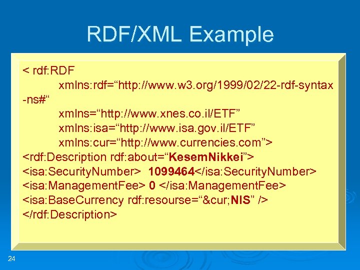 RDF/XML Example < rdf: RDF xmlns: rdf=“http: //www. w 3. org/1999/02/22 -rdf-syntax -ns#“ xmlns=“http: