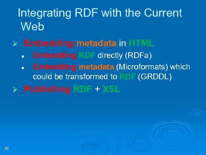 Integrating RDF with the Current Web Ø Embedding metadata in HTML l l Ø