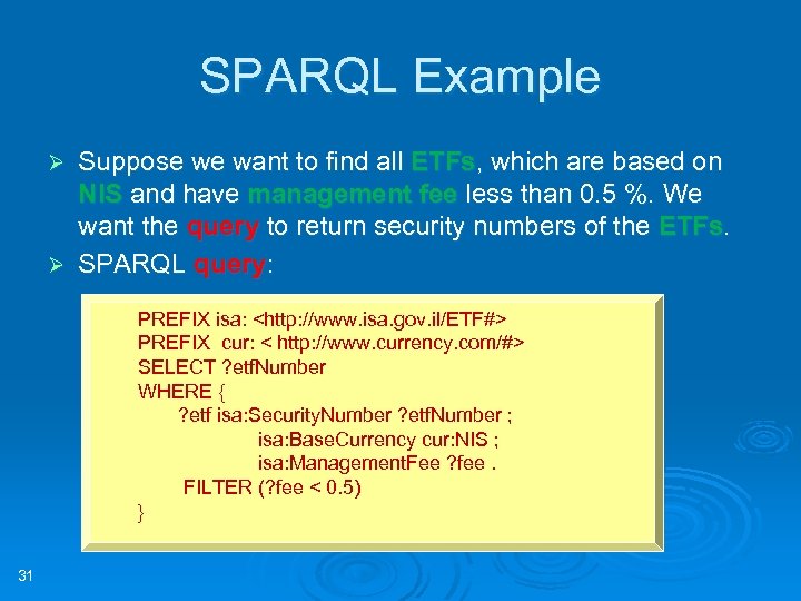 SPARQL Example Suppose we want to find all ETFs, which are based on NIS