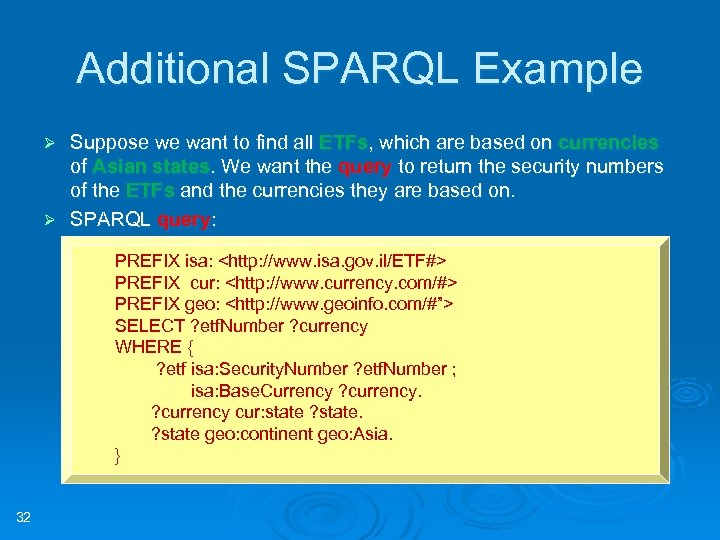 Additional SPARQL Example Suppose we want to find all ETFs, which are based on