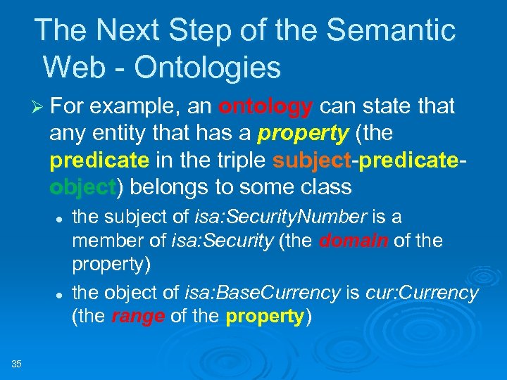 The Next Step of the Semantic Web - Ontologies Ø For example, an ontology
