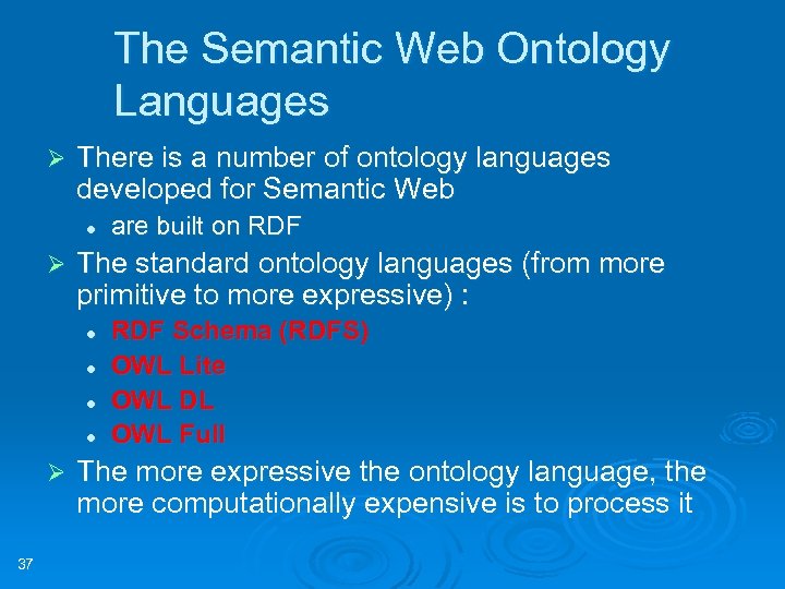 The Semantic Web Ontology Languages Ø There is a number of ontology languages developed