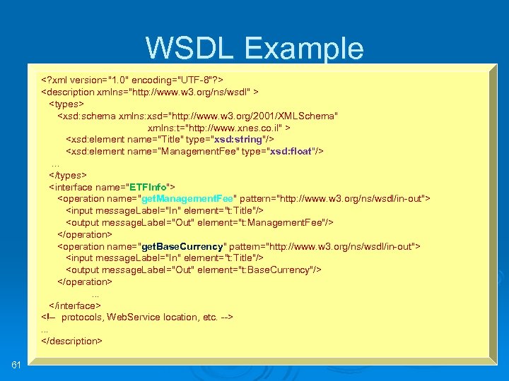 WSDL Example <? xml version="1. 0" encoding="UTF-8"? > <description xmlns="http: //www. w 3. org/ns/wsdl"