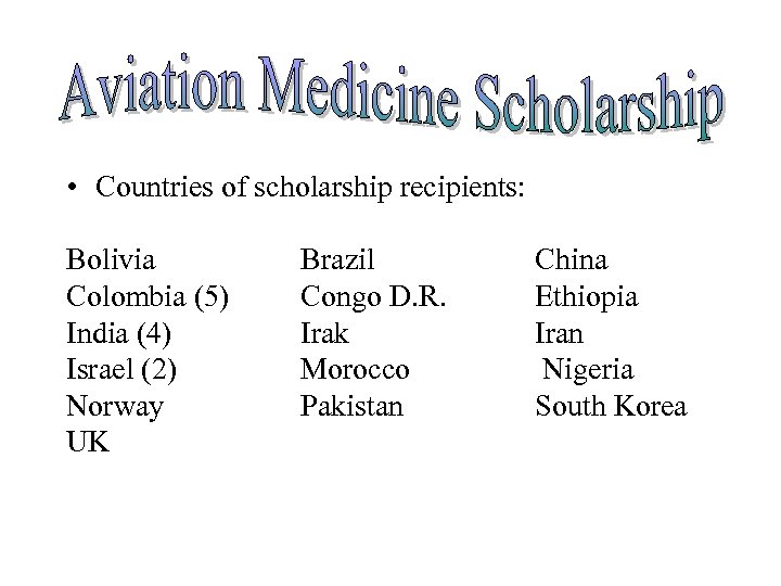  • Countries of scholarship recipients: Bolivia Colombia (5) India (4) Israel (2) Norway