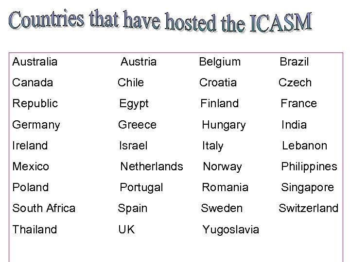 Australia Austria Belgium Brazil Canada Chile Croatia Czech Republic Egypt Finland France Germany Greece